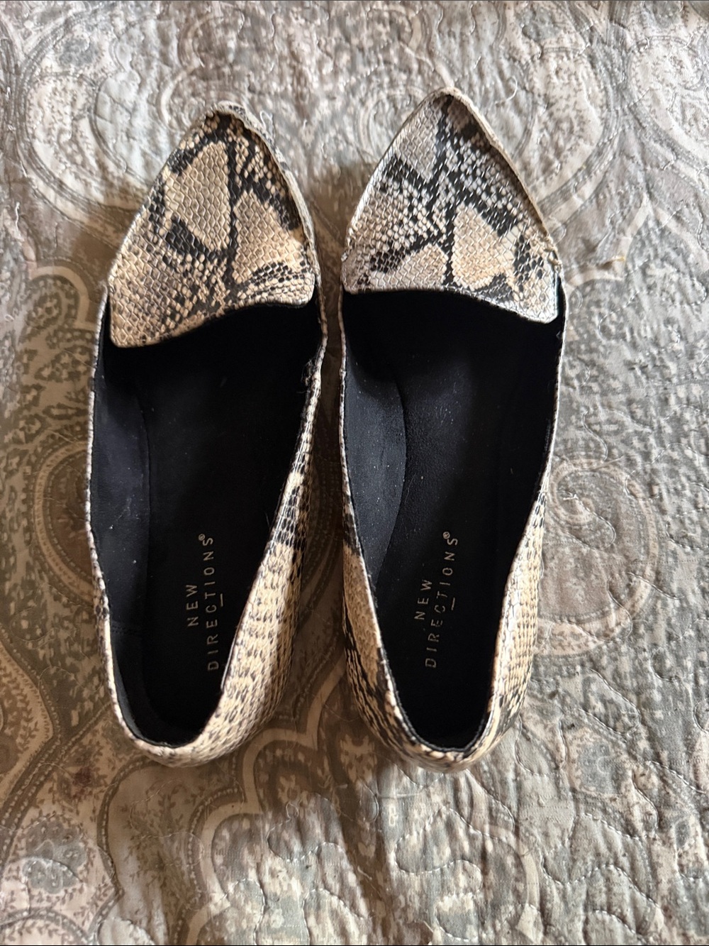 new directions Snake-Print Pointed Toe Flats in Beige and Black